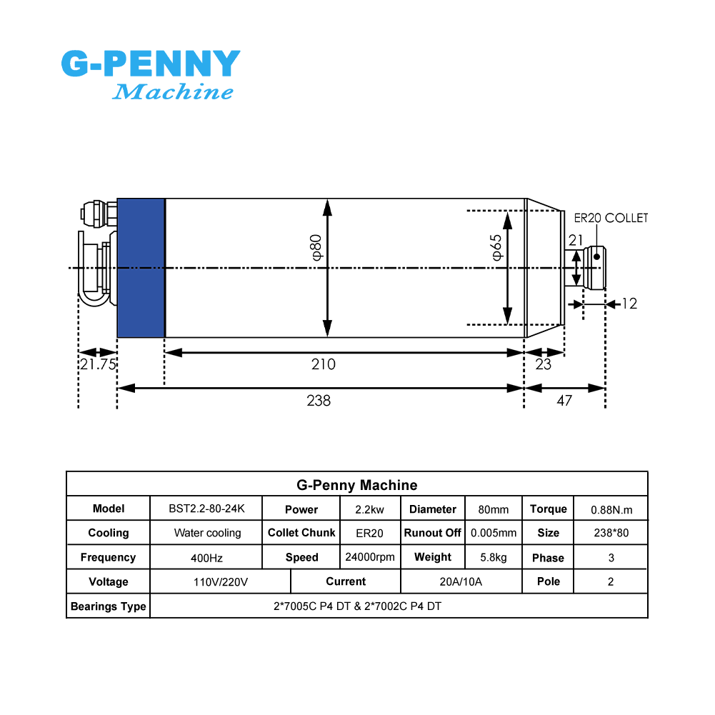 G-Xu Mới Xuất Hiện! 2.2kw ER20 - đánh giá và giá 2.2Kw Water Cooled Spindle Kit Vfd